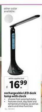 Lidl Rechargeable led desk lamp with clock offer