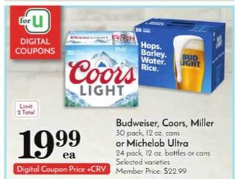 Pavilions Budweiser coors miller or michelob ultra offer