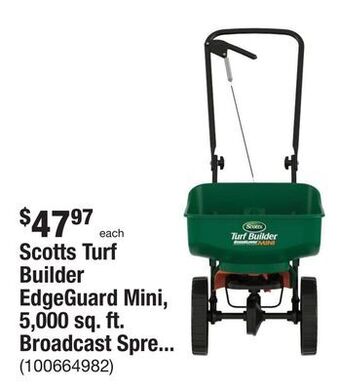 The Home Depot Scotts turf builder edgeguard mini, 5,000 sq. ft. broadcast spreader for seed, fertilizer, and ice melt offer