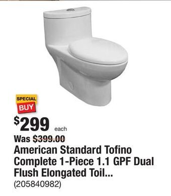 The Home Depot American standard tofino complete 1-piece 1.1 gpf dual flush elongated toilet in white with slow close seat offer
