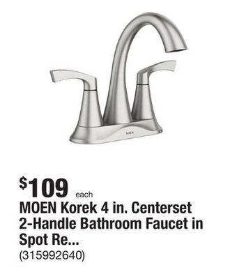 The Home Depot Moen korek 4 in. centerset 2-handle bathroom faucet in spot resist brushed nickel offer