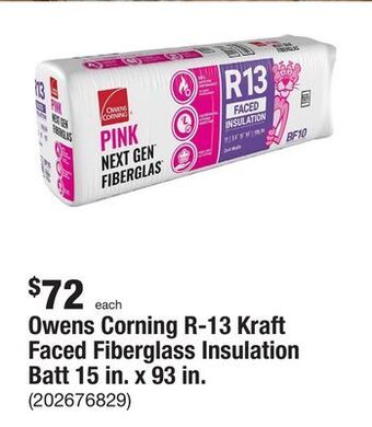 The Home Depot Owens corning r-13 kraft faced fiberglass insulation batt 15 in. x 93 in. offer