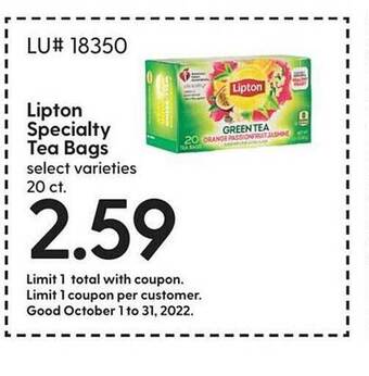Hy-Vee Lipton specialty tea bags offer