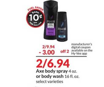 Hy-Vee Axe body spray or body wash offer