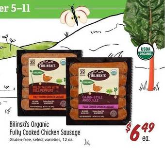 Sprouts Farmers Market Bilinski's organic fully cooked chicken sausage offer