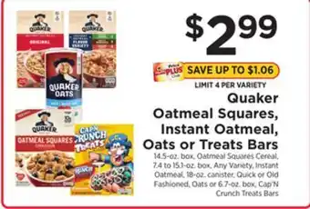 ShopRite Quaker oatmeal squares, instant oatmeal, oats or treats bars offer