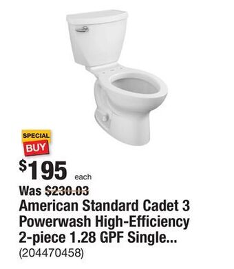 The Home Depot American standard cadet 3 powerwash high-efficiency 2-piece 1.28 gpf single flush elongated toilet in white, seat not include offer