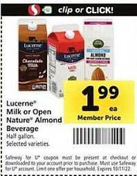 Safeway Lucerne milk or open nature almond beverage offer
