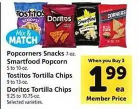 Safeway Popcorners snacks, smartfood popcorn, tostitos tortilla chips or doritos offer