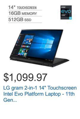 Costco Lg gram 2-in-1 14" touchscreen intel evo platform laptop - 11th gen intel core i5-1135g7 - 1920x1200 offer