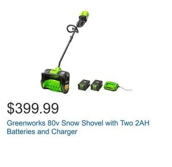 Costco Greenworks 80v snow shovel with two 2ah batteries and charger offer