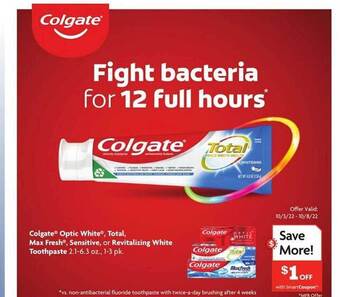 Family Dollar Colgate optic white, total, max fresh, sensitive, or revitalizing white toothpaste offer