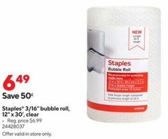 Staples Staples 3/16 Bubble Roll 12" x 30" Clear offer
