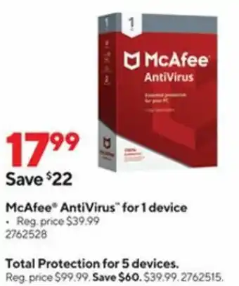 Staples McAfee AntiVirus for Device 2762528 offer