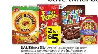 Dollar General Genereal mills cereal or cinnamon toast crunch oatmeal or lucky charms oatmeal or post cereal offer