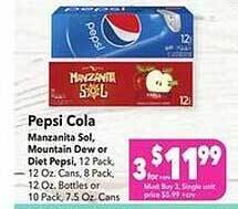 Vallarta Supermarkets Pepsi cola manzanita sol, mountain dew or diet pepsi offer