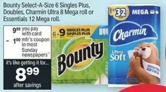 CVS Bounty Select-A-Size 6 Singles Plus, Charmin Ultra 8 Mega Roll offer