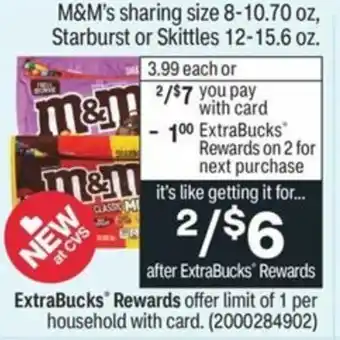 CVS M&M's Sharing Size 8-10.70 oz, Starburst or Skittles 12-15.6 oz offer