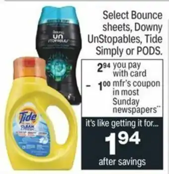 CVS Bounce Sheets, owny UnStopables, Tide Simply or Pods offer