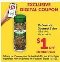 Safeway Mccormick gourmet spice offer