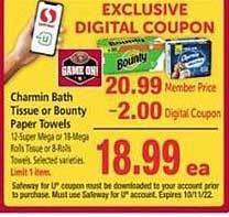 Safeway Charmin bath tissue or bounty paper towels offer