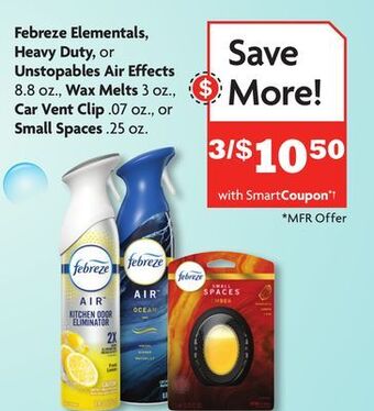 Family Dollar Febreze elementals, heavy duty, or unstopables air effects 8.8 oz., wax melts 3 oz., car vent clip. 07 oz., or small spaces. offer