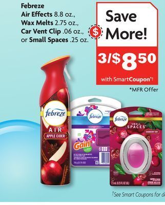 Family Dollar Febreze air effects 8.8 oz., wax melts 2.75 oz., car vent clip. 06 oz., or small spaces. 25 oz. offer