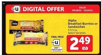 Vons Alpha breakfast burritos or sandwiches offer