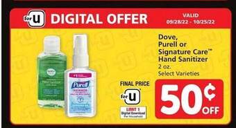 Vons Dove, purell or signature care hand sanitizer offer