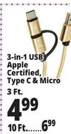 Ocean State Job Lot 3-in-1 usb apple certified, type c & micro offer
