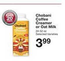 Price Chopper Chobani coffee creamer or oat milk offer