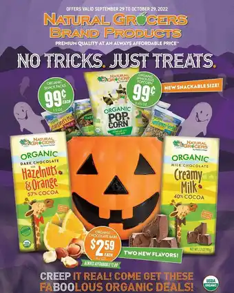 Natural Grocers Organic snack packs, snack-size popcorn or chocolate bars offer