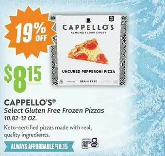 Natural Grocers Cappello's select gluten free frozen pizza offer