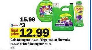 Meijer Gain detergent, flings or fireworks or dreft detergent offer
