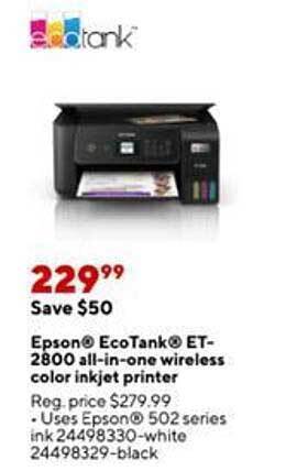 Staples Epson ecotank et-2800 all-in-one wireless color inkjet printer offer