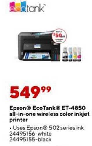 Staples Epson ecotank et-4850 all-in-one wireless color inkjet printer offer