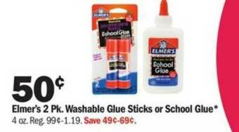 Meijer Elmer's 2 Pk. Washable Glue Sticks Or School Glue offer