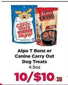 Tops Alpo t bonz or canine carry out dog treats offer
