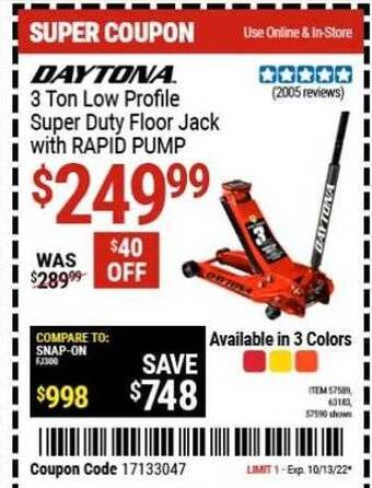 Harbor Freight Tools Daytona 3 ton low profile super duty floor jack with rapid pump offer