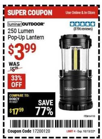 Harbor Freight Tools Luminar outdoor' 250 lumen pop-up lantern offer