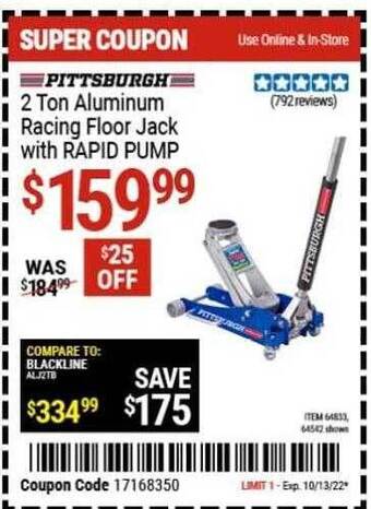 Harbor Freight Tools Pittsburgh 2 ton aluminum racing floor jack with rapid pump offer