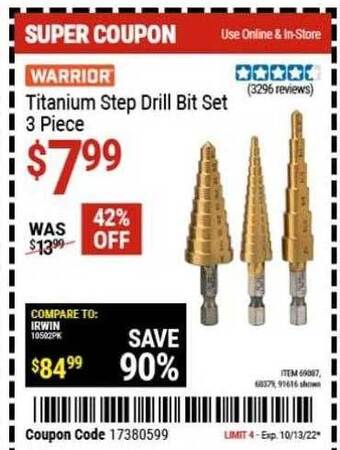 Harbor Freight Tools Warrior titanium step drill bit set 3 piece offer