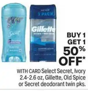 CVS With card select secret, ivory, gillette, old spice or secret deodorant twin offer
