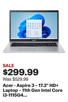 Best Buy Acer - aspire 3 – 17.3" hd+ laptop – 11th gen intel core i3-1115g4 – 8gb memory – 256gb ssd – pure silver offer