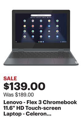 Best Buy Lenovo - flex 3 chromebook 11.6" hd touch-screen laptop - celeron n4020 - 4gb - 64gb emmc - abyss blue offer