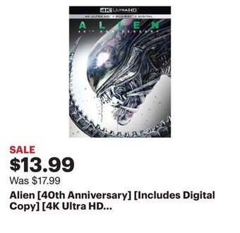 Best Buy Alien [40th anniversary] [includes digital copy] [4k ultra hd blu-ray/blu-ray] [1979] offer