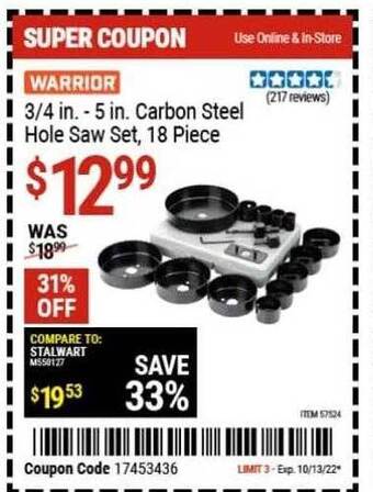 Harbor Freight Tools Warrior carbon steel hole saw set, 18 piece offer