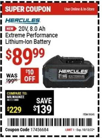 Harbor Freight Tools Hercules extreme performance lithium-ion battery offer