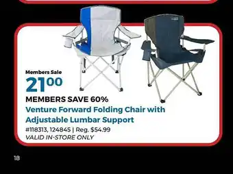 Venture forward folding chair with adjustable lumbar support