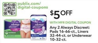 Publix Always discreet: pads, liners or underwear offer